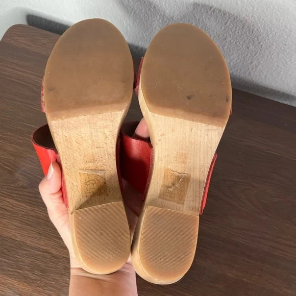 Madewell Lipstick Red Double Strap Leather Wood Clara Clog Heeled Sandal - Picture 11 of 14